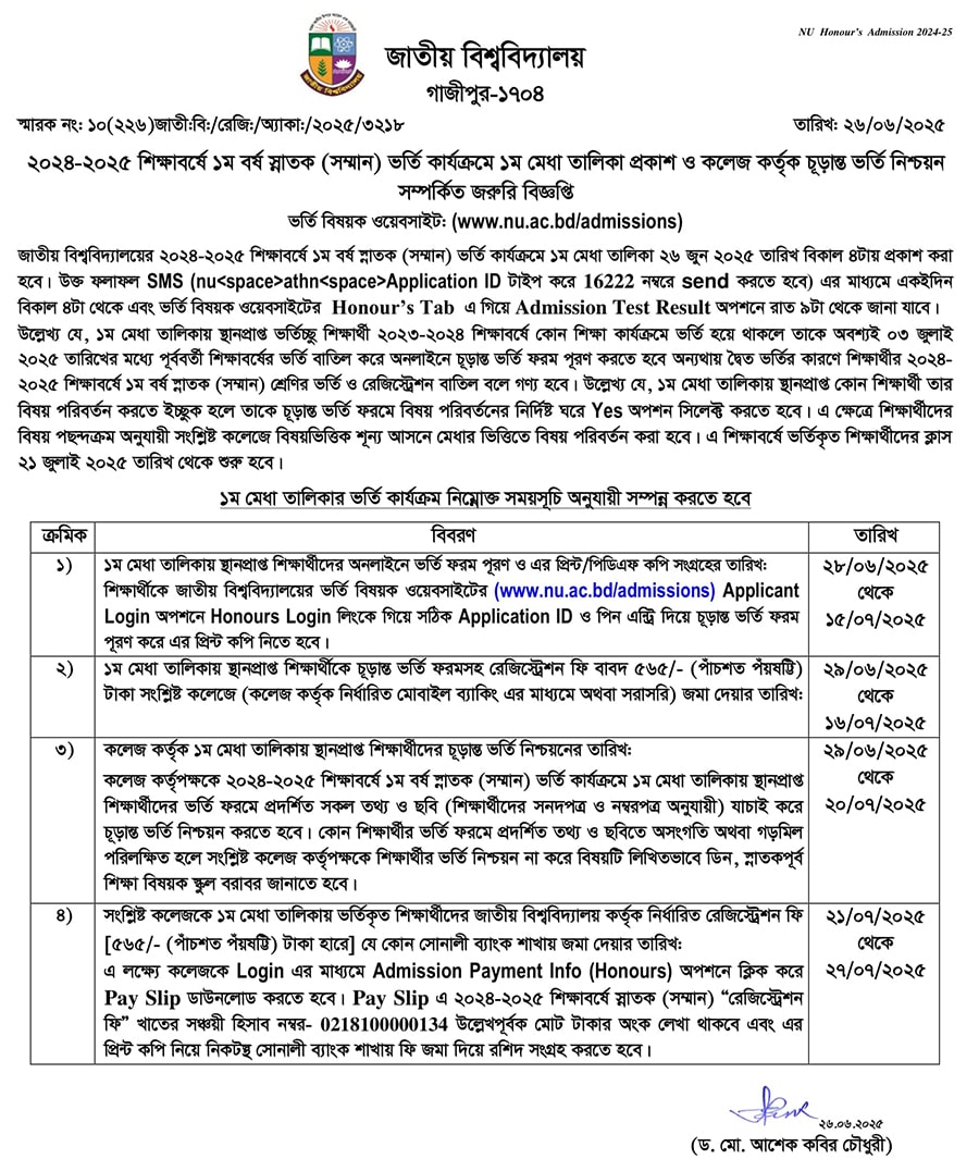 honours admission result 2025