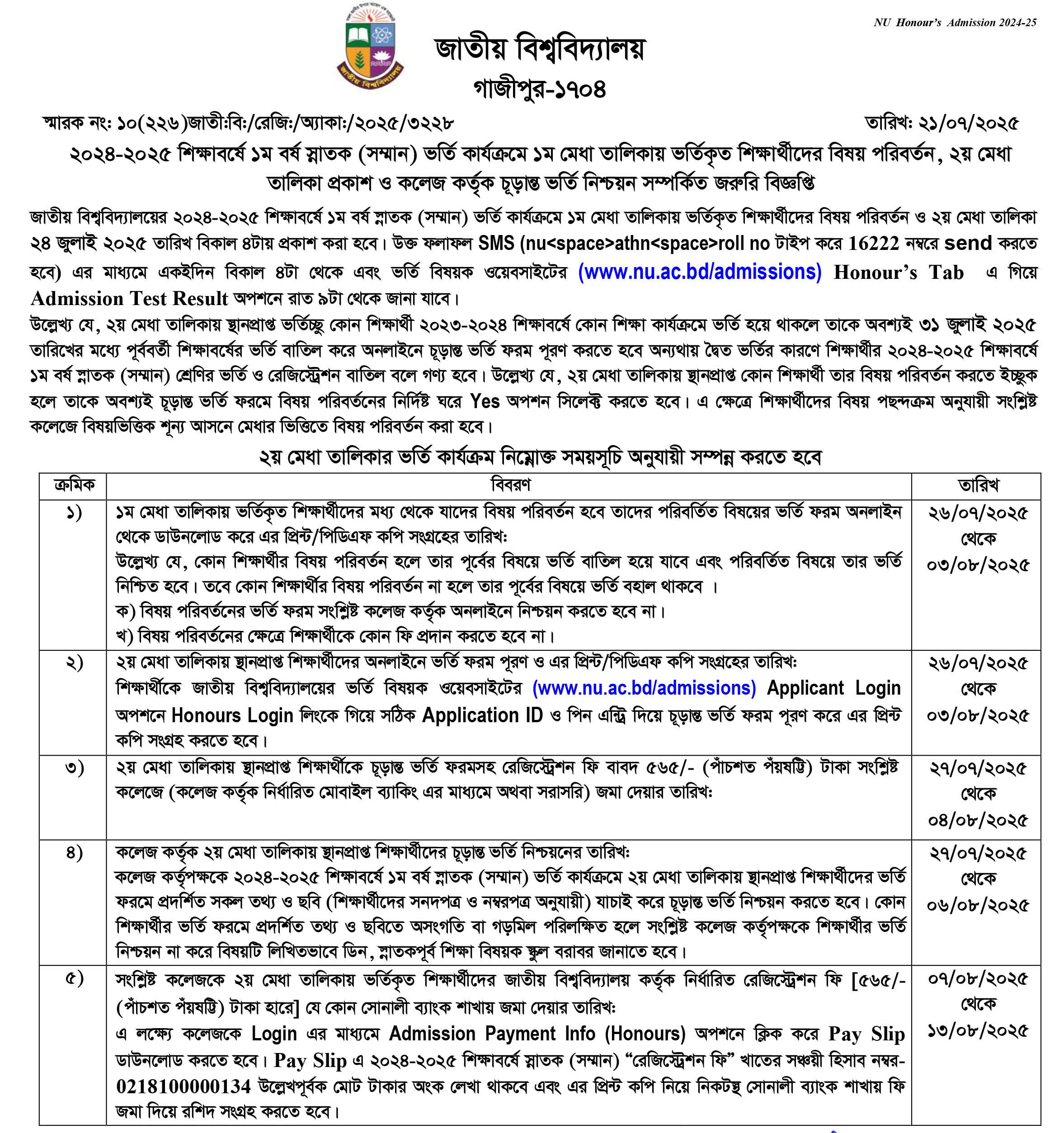 NU Admission Result 2nd Merit List