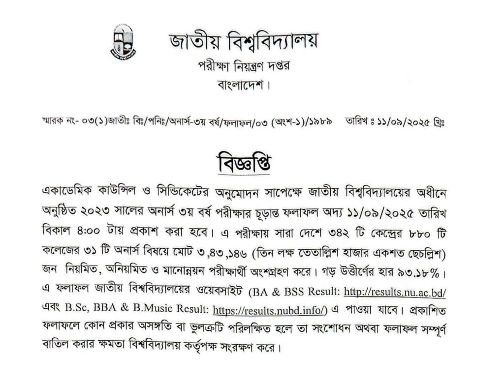 honours 3rd year result 2025 result date